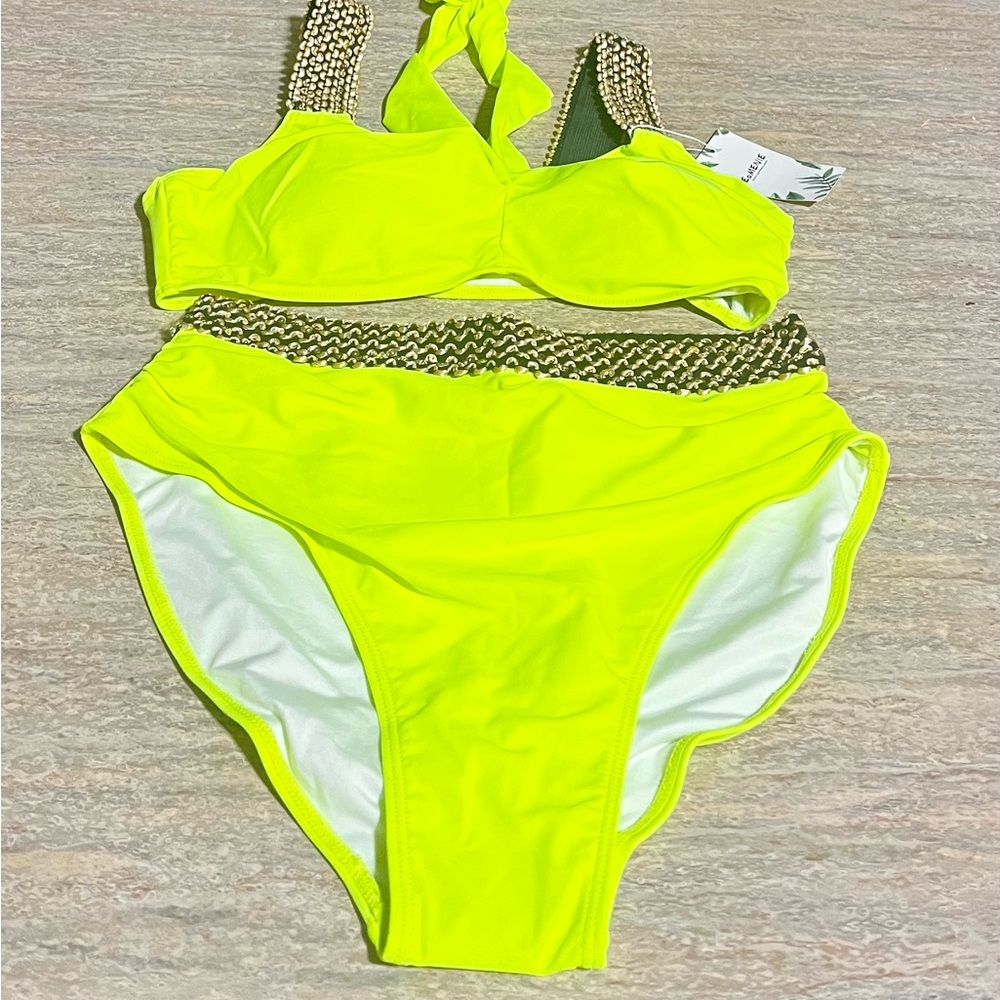 NWT Eomenie neon yellow criss cross wrap tie back bikini set